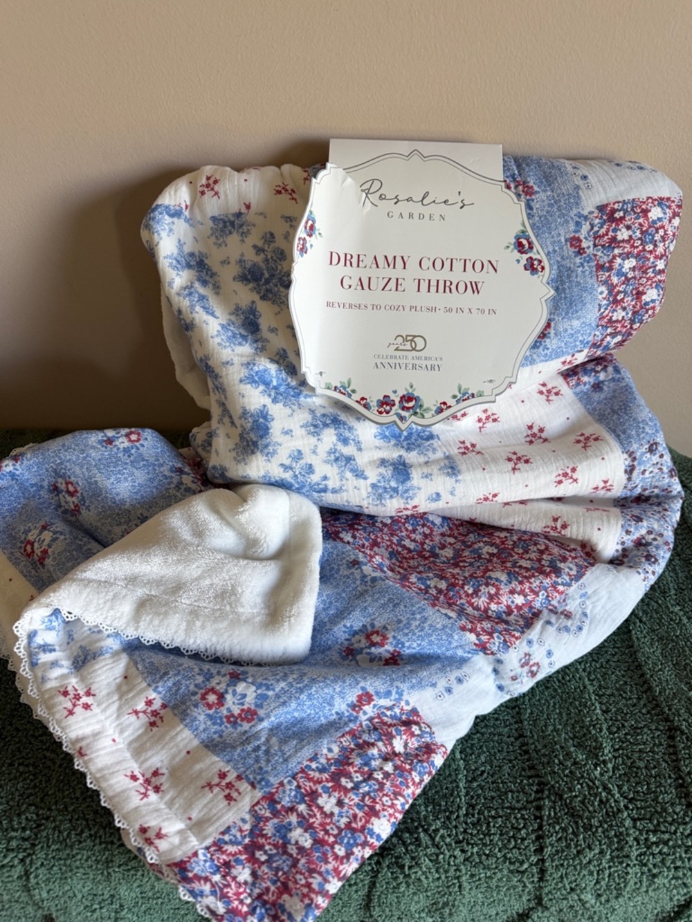 Envogue Americana Patchwork Throw Floral Red White & Blue Cotton Gauze NEW!